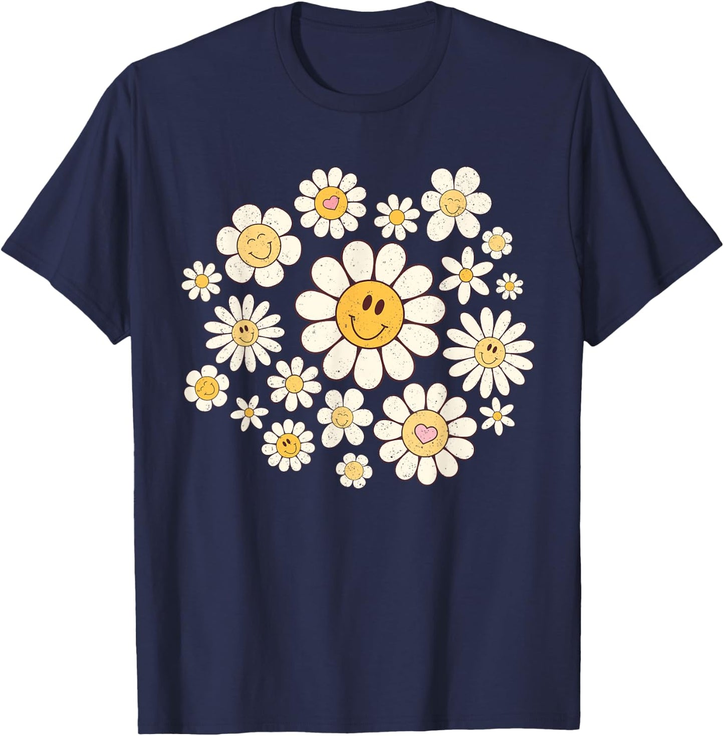 Vintage Cute Smile Face Flower Happy Face Flowers Heart Girl T-Shirt - T-Shirt | Navy
