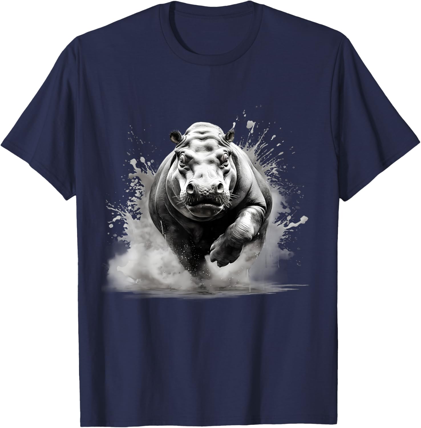 Hippo Portrait Drawing Nature Animal Art Hippopotamus Splash T-Shirt - T-Shirt | Navy