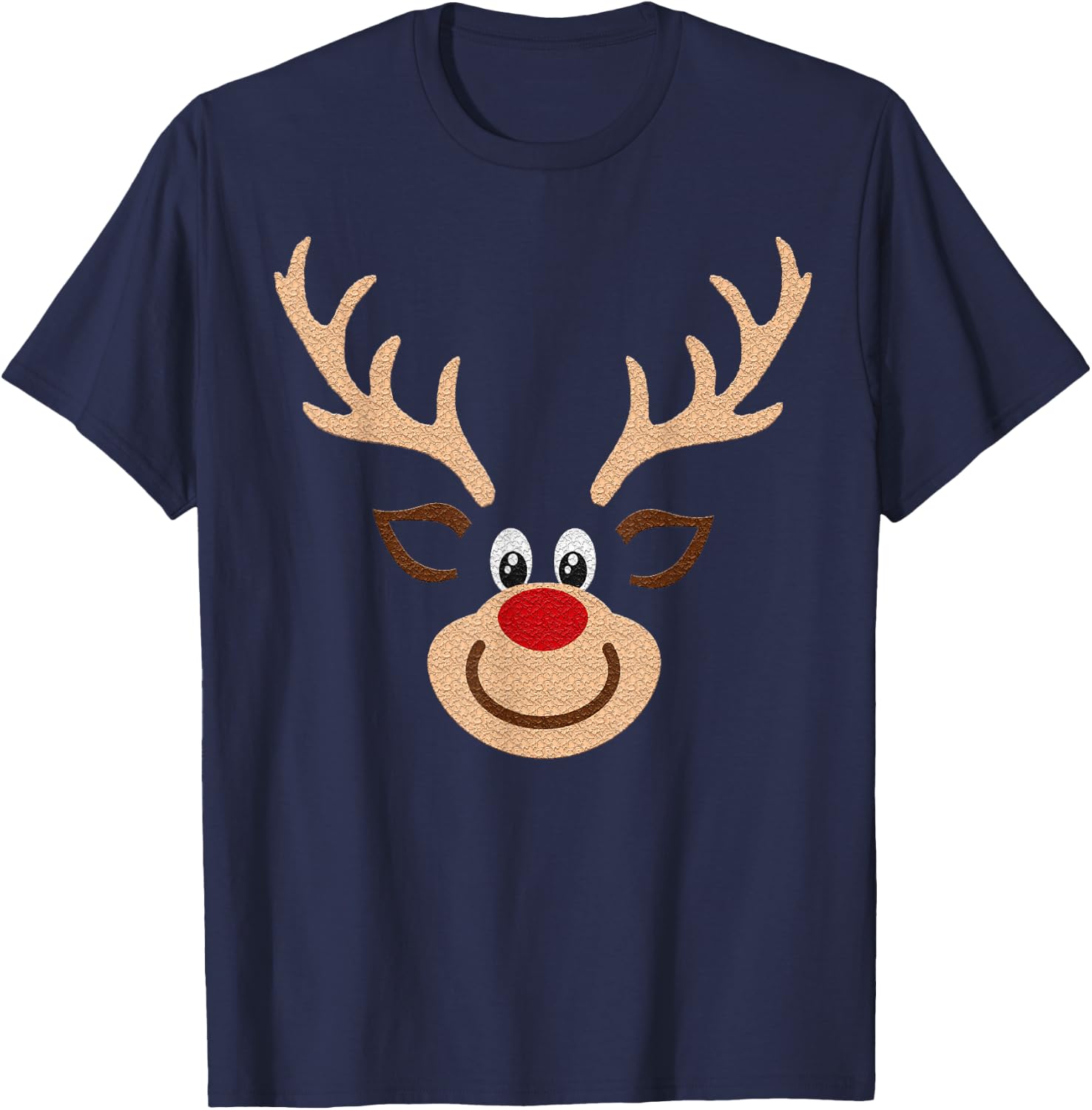 Reindeer Face Deer & Red Nose Brown Christmas T-Shirt - T-Shirt | Navy