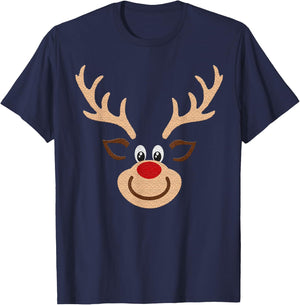 Reindeer Face Deer & Red Nose Brown Christmas T-Shirt - T-Shirt | Navy