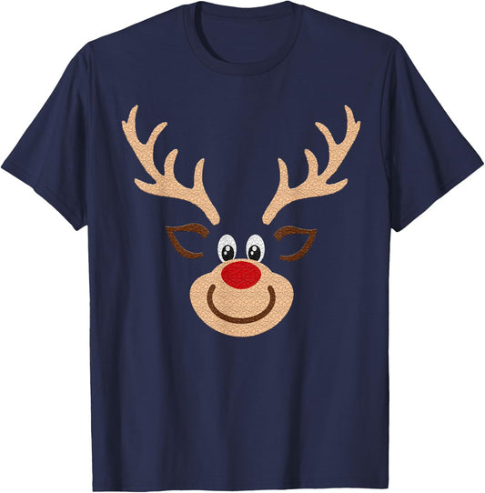 Reindeer Face Deer & Red Nose Brown Christmas T-Shirt - T-Shirt | Navy