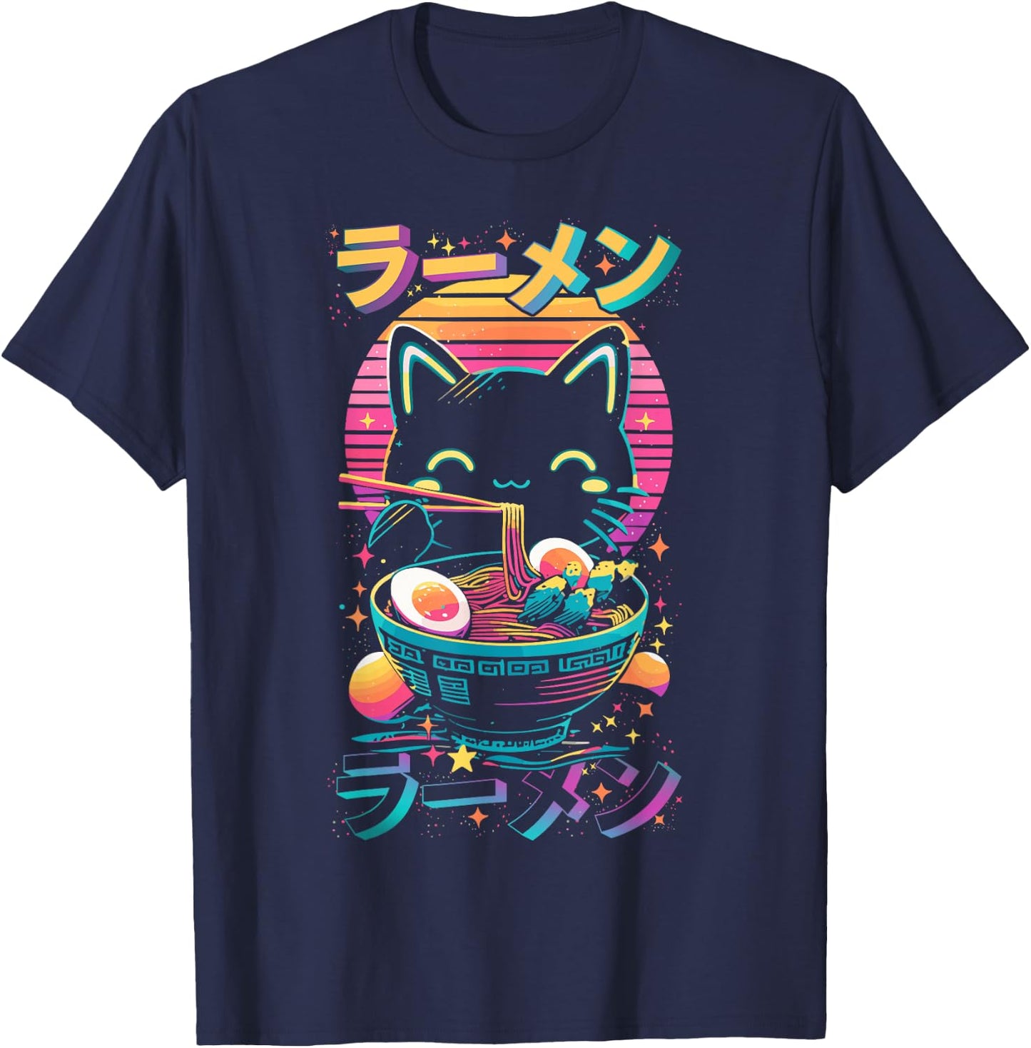 Anime Cat Eats Ramen Retro Kawaii Ramen Cat , black T-Shirt - T-Shirt | Navy