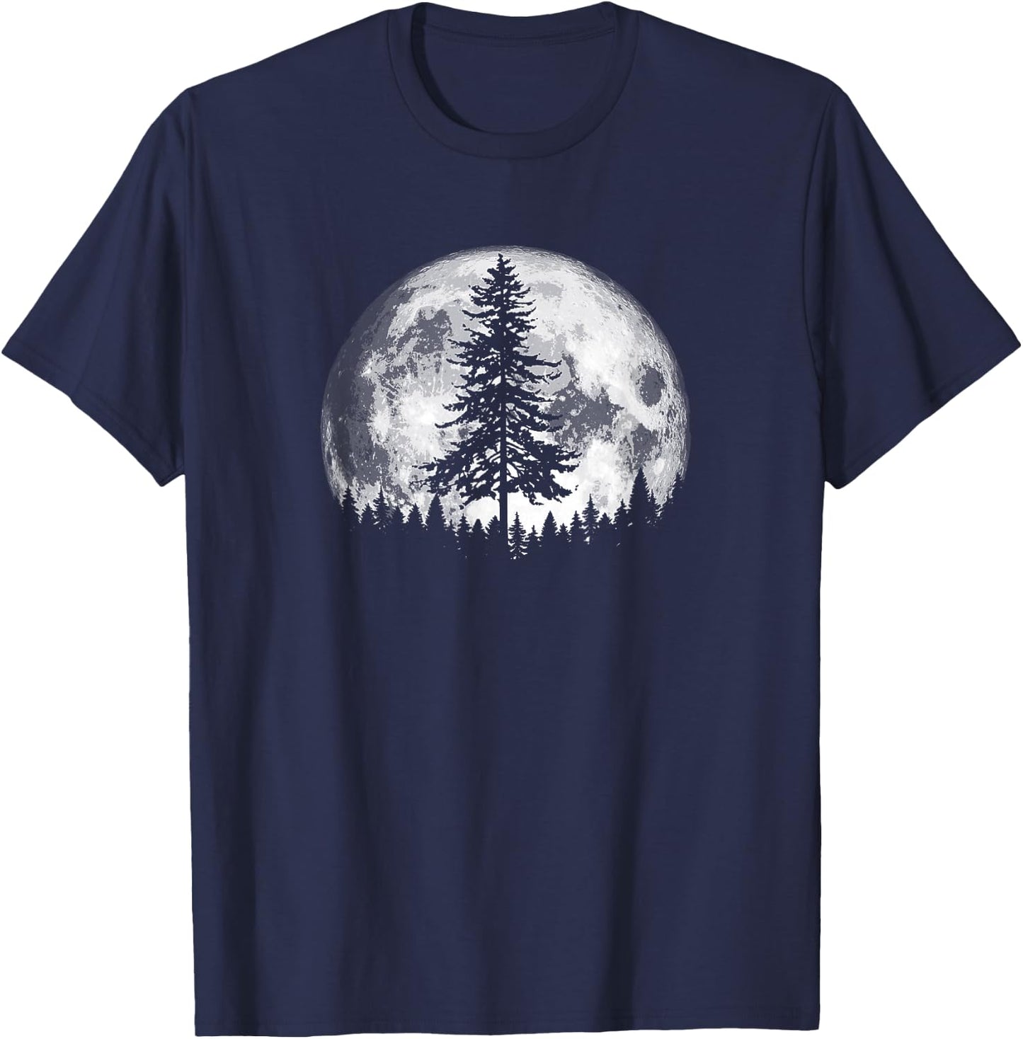 Retro Full Moon & Minimalist Pine Tree Vintage Graphic T-Shirt - T-Shirt | Navy