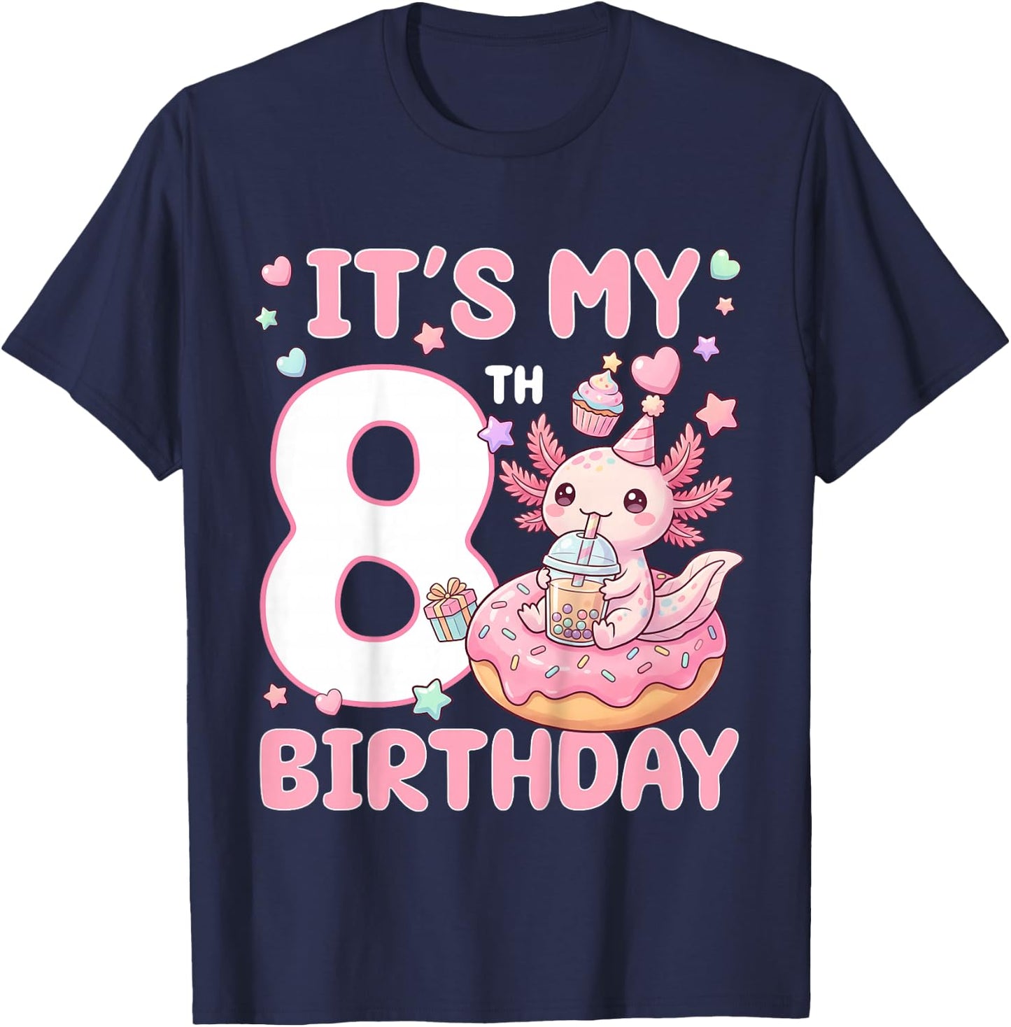 It's My 8th Birthday Axolotl Bubble Boba Tea Anime 8 Years T-Shirt - T-Shirt | Navy