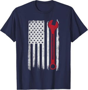 Mechanic Wrench Flag USA American Patriotic Repairman Car T-Shirt - T-Shirt | Navy