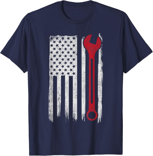 Mechanic Wrench Flag USA American Patriotic Repairman Car T-Shirt - T-Shirt | Navy