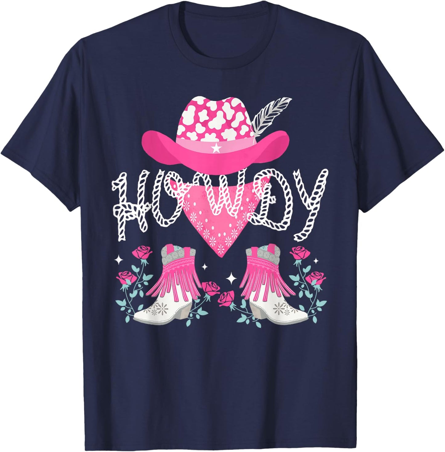 Howdy Pink Cowboy Hat Boots Country Western Rodeo T-Shirt - T-Shirt | Navy