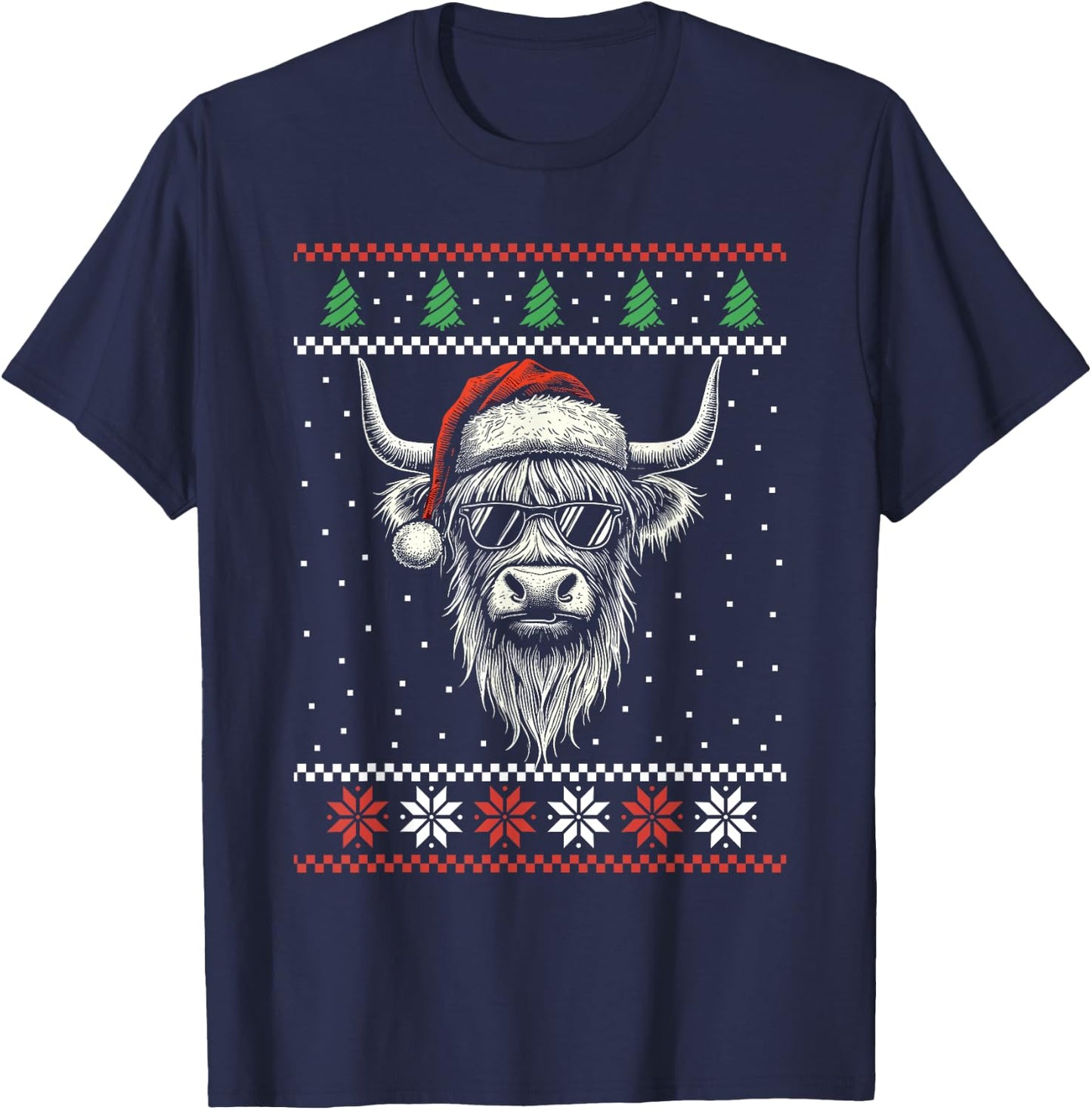 Highland Cow Santa Hat Ugly Christmas Sweater Xmas T-Shirt - T-Shirt | Navy