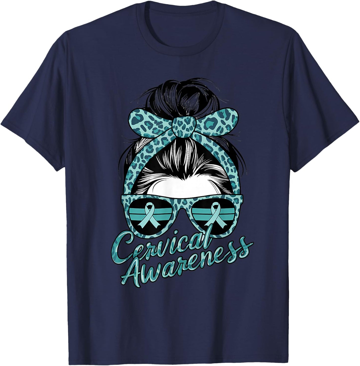 Cervical Cancer Awareness Scarf Leopard Girl Teal Ribbon T-Shirt - T-Shirt | Navy
