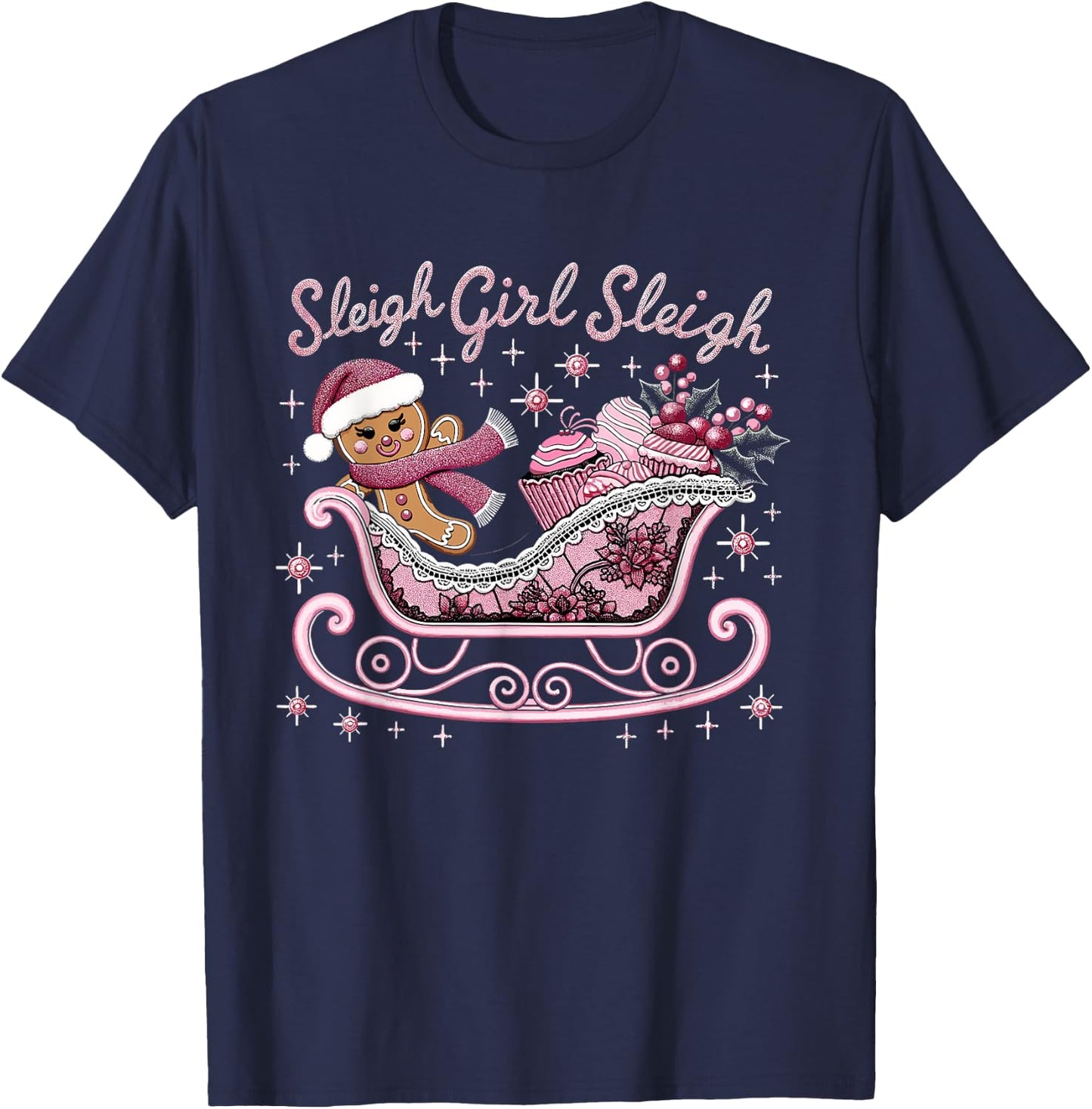 Groovy Pink Christmas Candy Sleigh Girl Gingerbread Holiday T-Shirt - T-Shirt | Navy