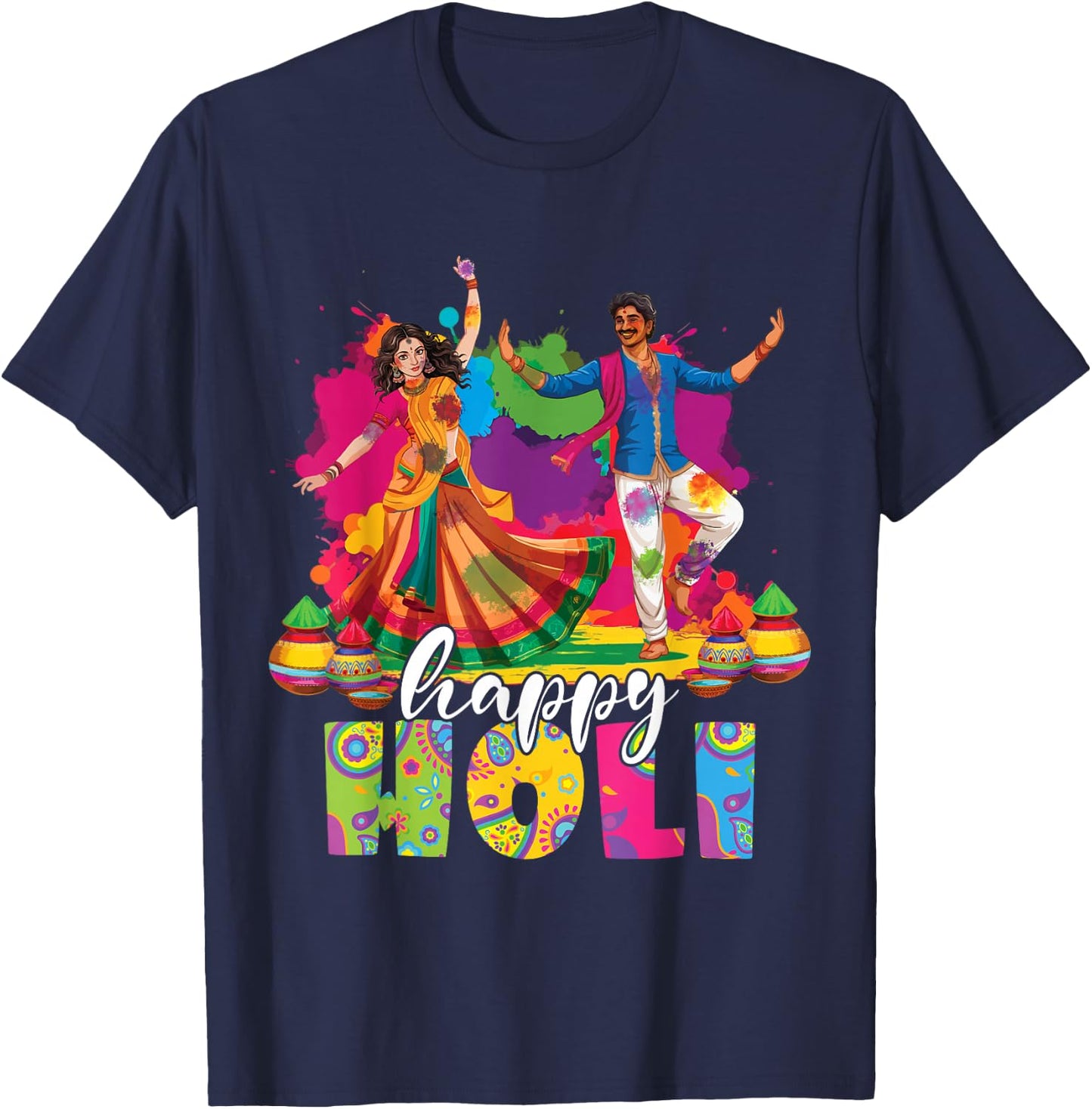 Happy Holi Indian Dancing Spring Holi Festival Of Colors T-Shirt - T-Shirt | Navy
