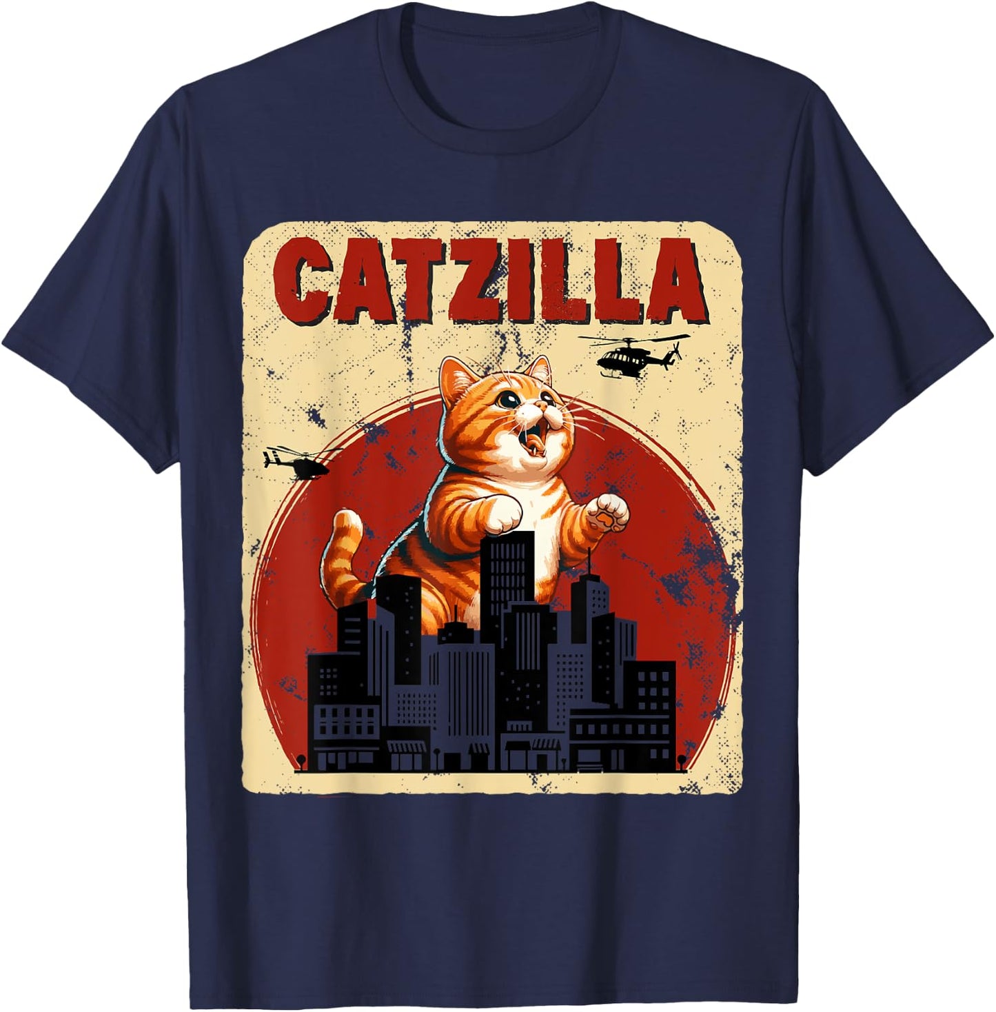 Catzilla Funny Giant Orange Tabby Cute Classic Japanese Film T-Shirt - T-Shirt | Navy