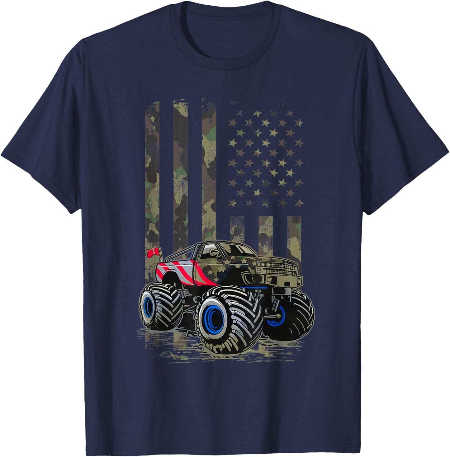 USA Flag Monster Truck Army Camouflage, Monster Trucks Lover T-Shirt - T-Shirt | Navy