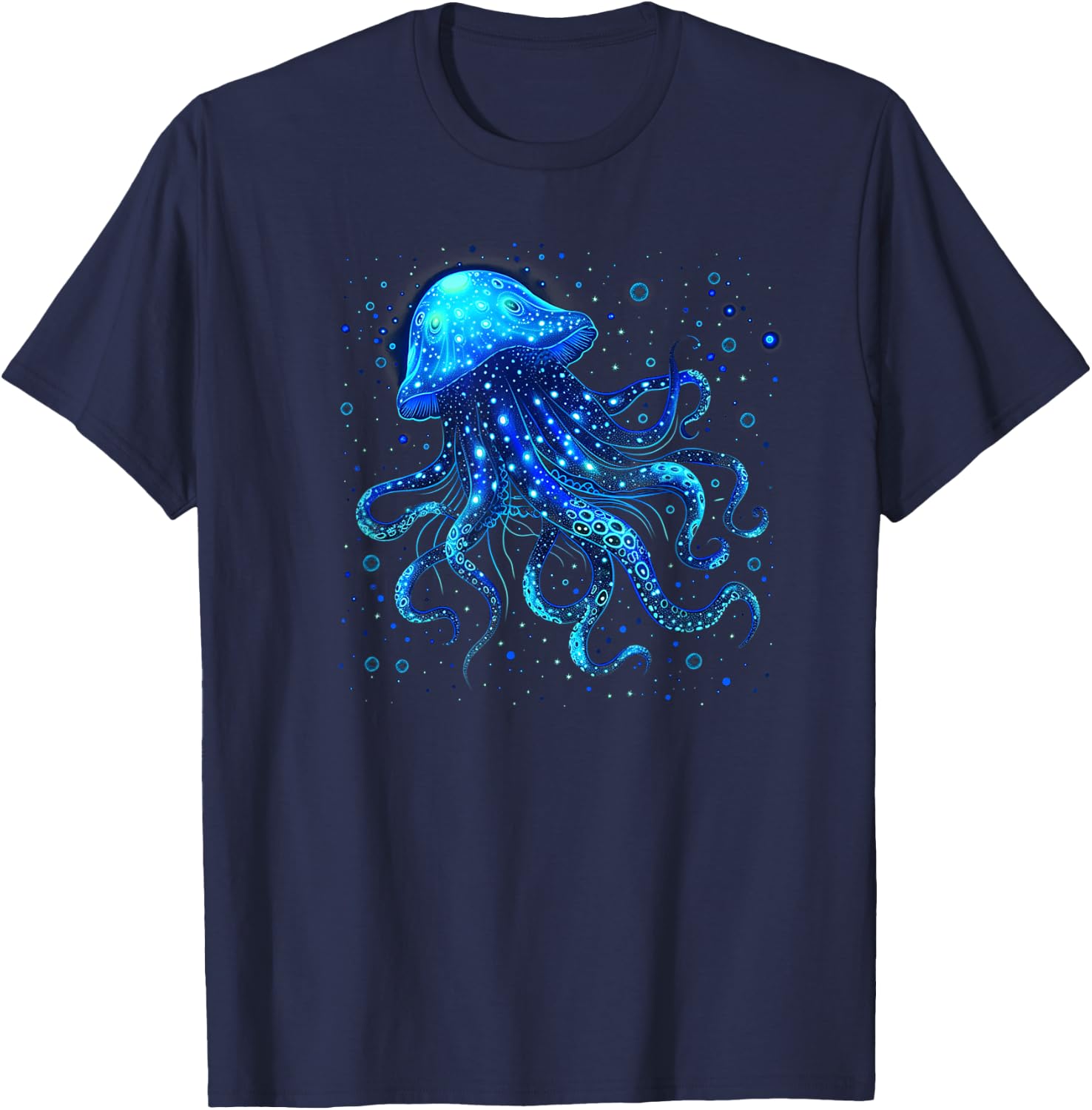 Sea Deeps and Glowing Jellyfish with Tentacles , black T-Shirt - T-Shirt | Navy