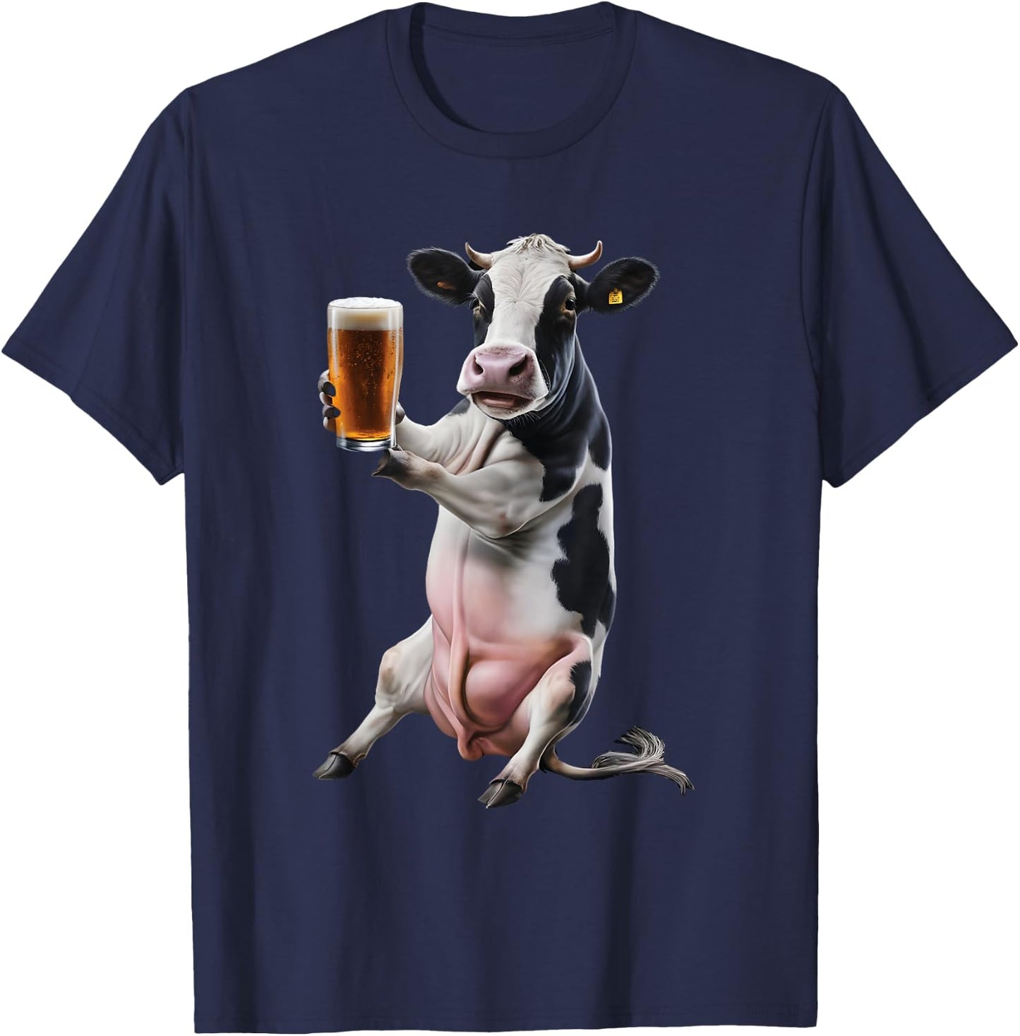 Cow Drinking Beer Realistic T-Shirt - T-Shirt | Navy