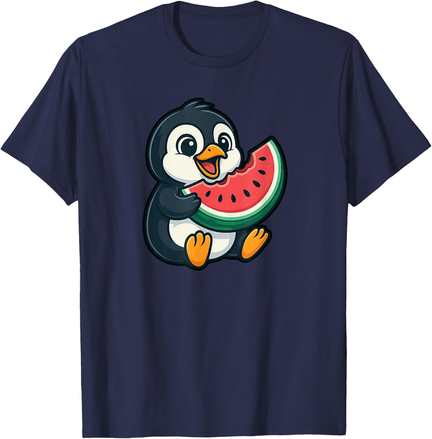 Cute Penguin Eating Watermelon Slice Cartoon T-Shirt - T-Shirt | Navy
