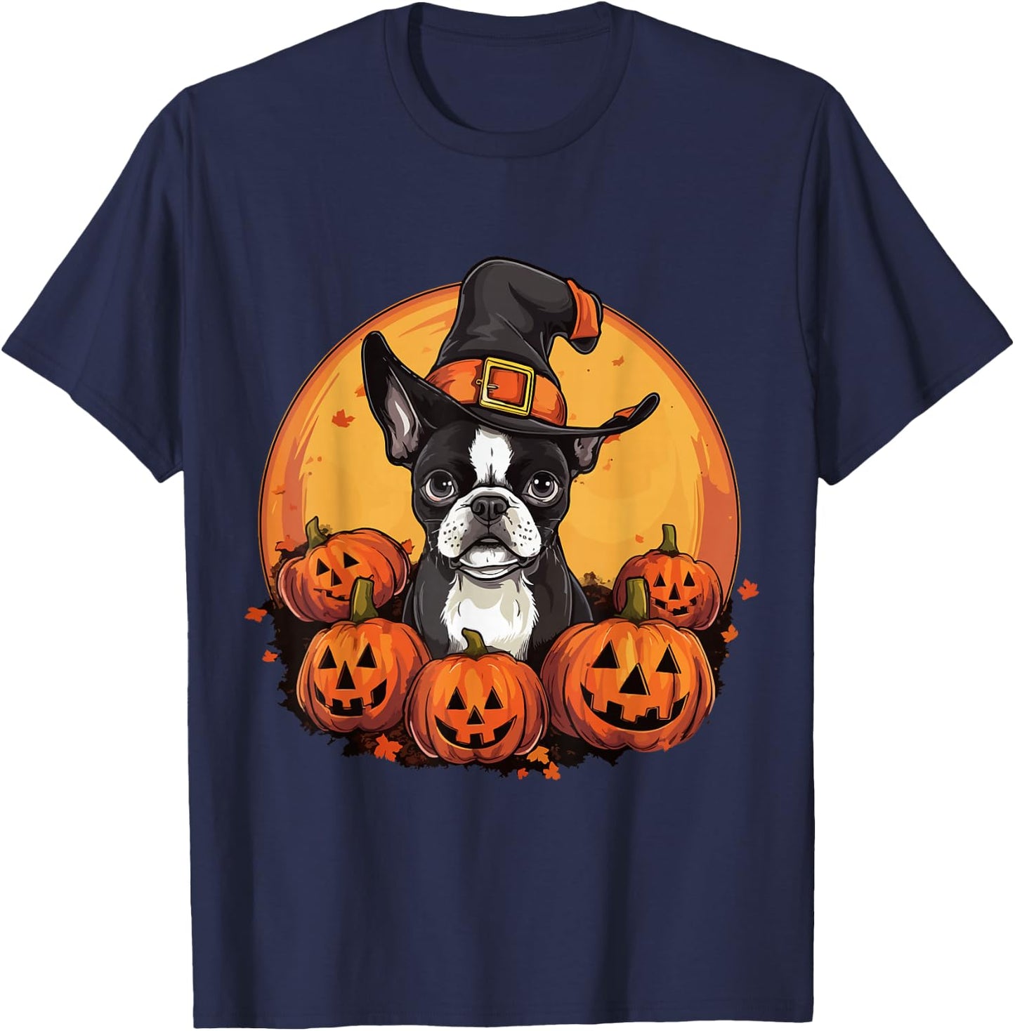 Boston Terrier Bostie Dog Breed Pet Halloween Pumpkins T-Shirt - T-Shirt | Navy