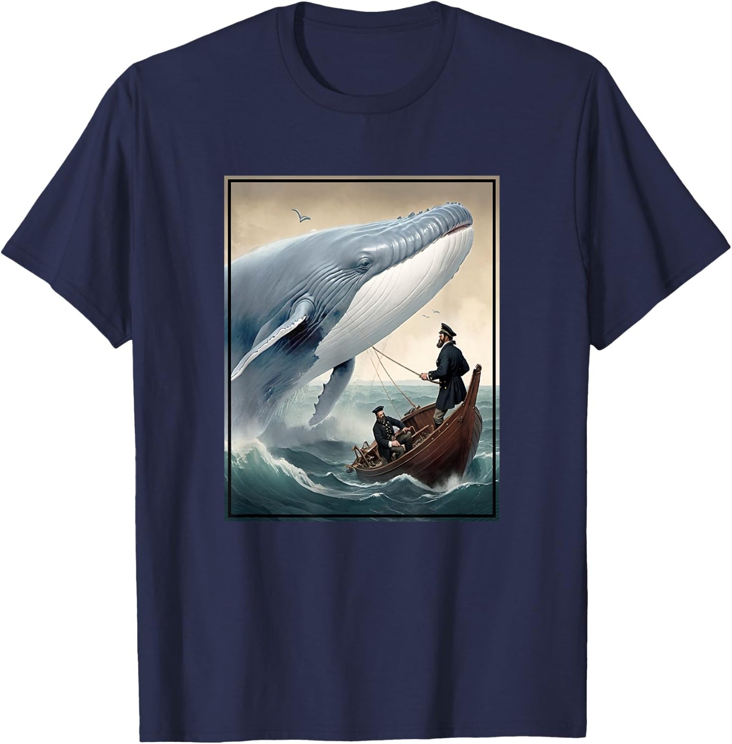 Captain Ahab and Moby Dick Final Battle Illustration T-Shirt - T-Shirt | Navy