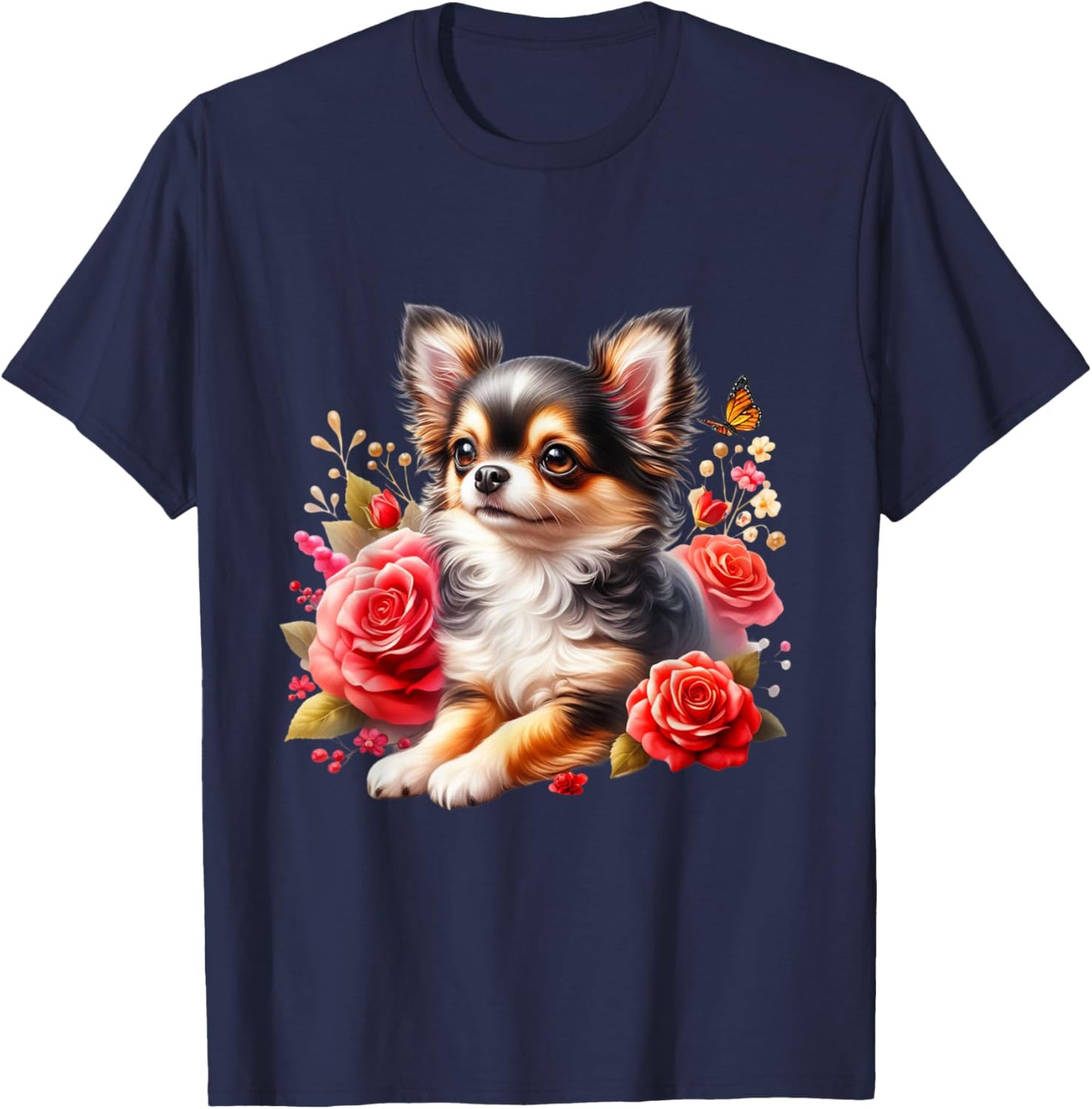 Chihuahua Floral Watercolor Adorable Long Hair Chihuahua T-Shirt - T-Shirt | Navy