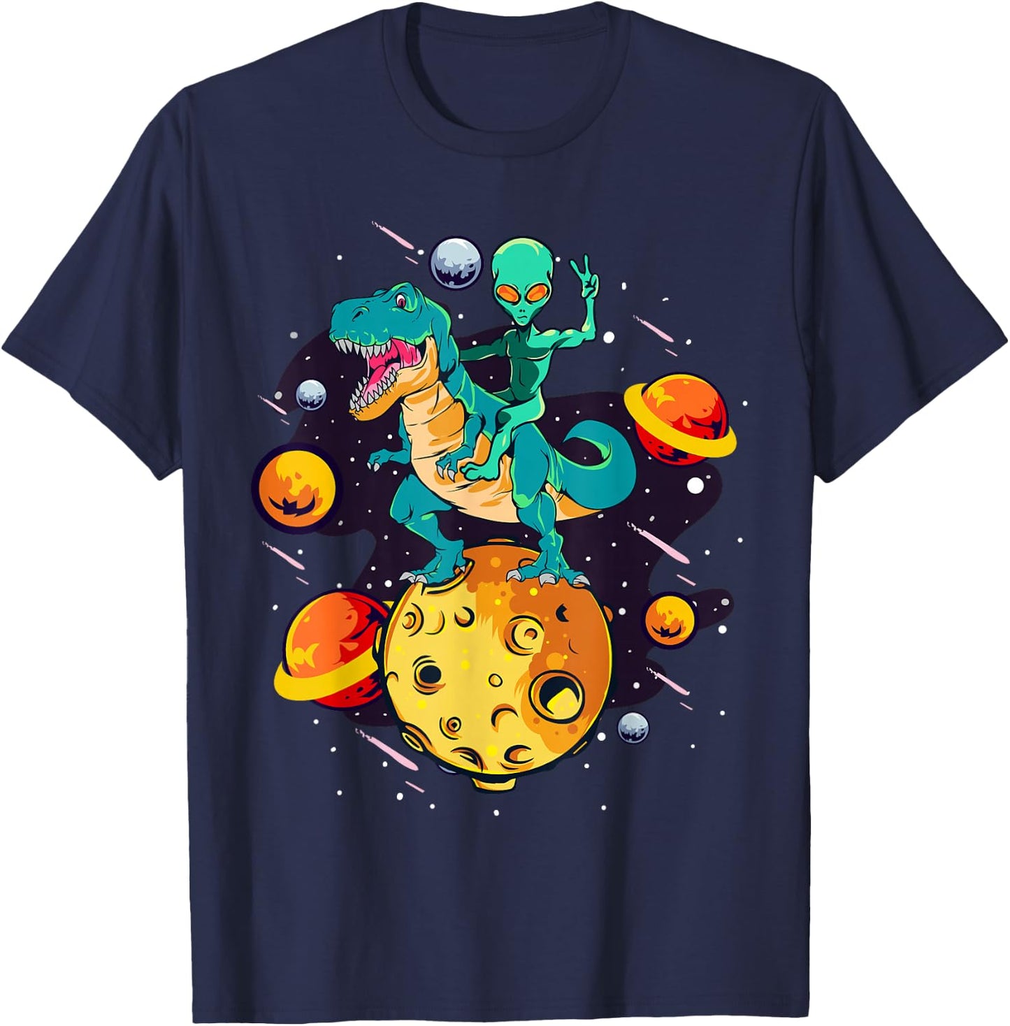 Alien Rides T-Rex - Dinosaurs From Outer Space T-Shirt - T-Shirt | Navy