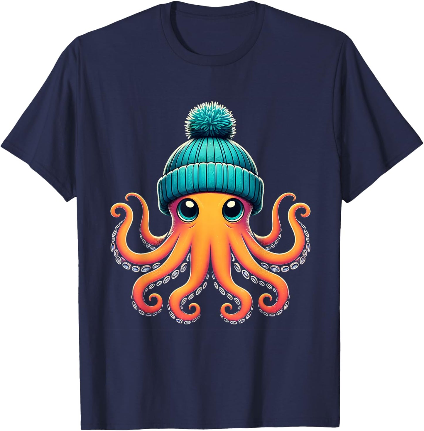 Cute Octopus With Beanie Shirt Cephalopod Sea Animal Lover T-Shirt - T-Shirt | Navy