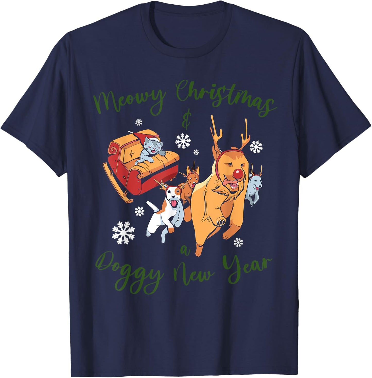 Dog with Cat on Christmas Men Women T-Shirt - T-Shirt | Navy