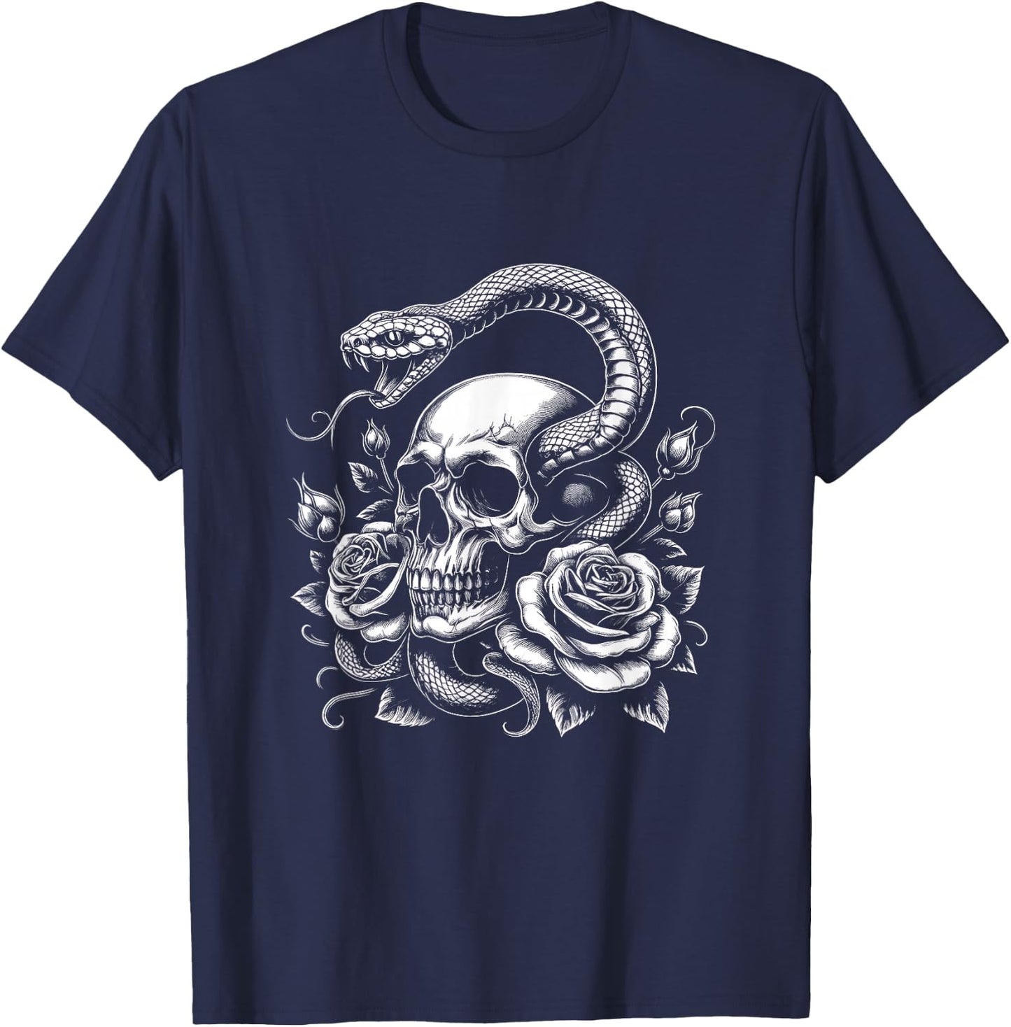 Skull Snake Graphic Rose Flower Art Design T-Shirt - T-Shirt | Navy