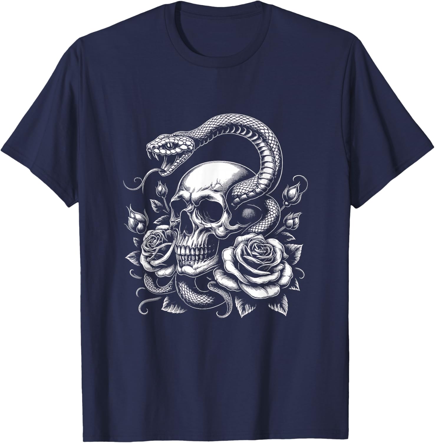 Skull Snake Graphic Rose Flower Art Design T-Shirt - T-Shirt | Navy