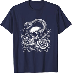 Skull Snake Graphic Rose Flower Art Design T-Shirt - T-Shirt | Navy