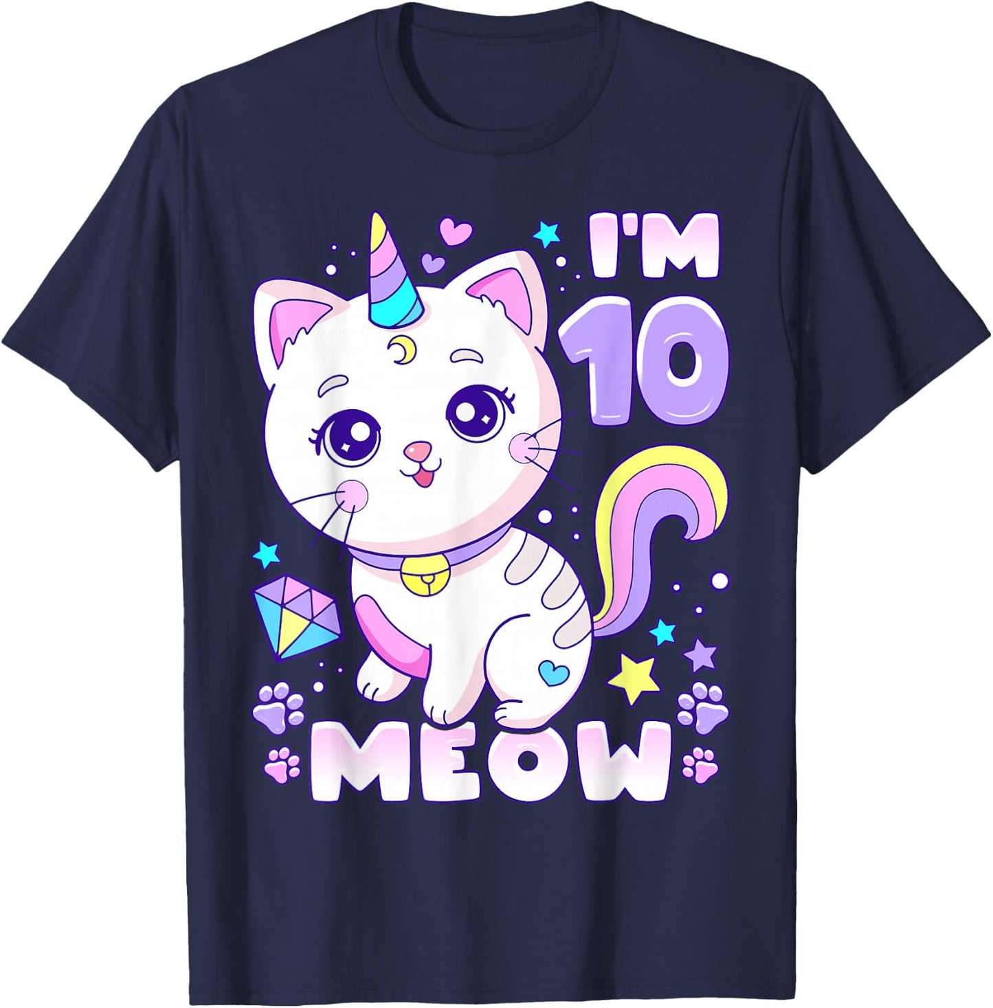 Birthday girl 10 years old, cat, unicorn, 10th birthday T-Shirt - T-Shirt | Navy