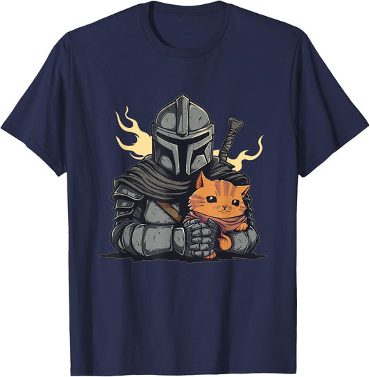 Funny Knight with helmet and cat in hand Men Women Kids T-Shirt - T-Shirt | Navy