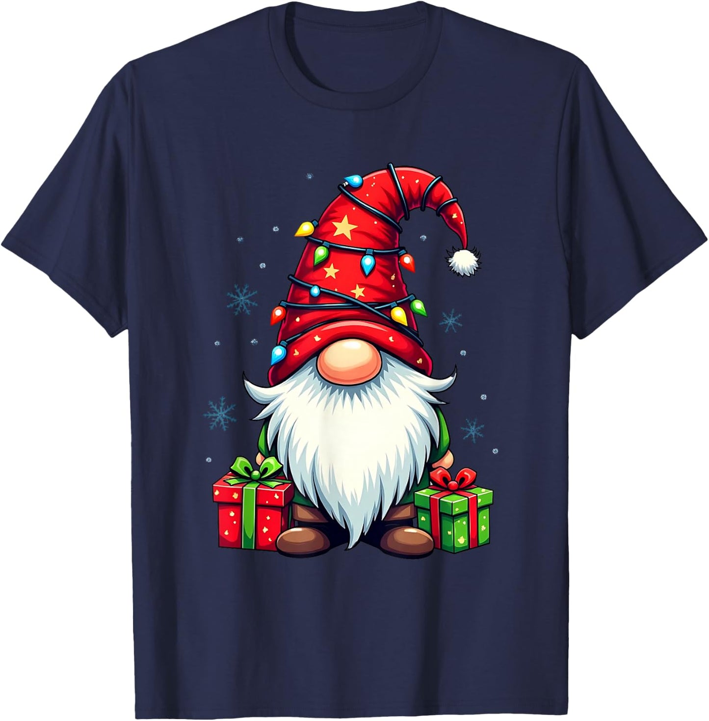 Festive Christmas Gnome with Lights and Snowflakes , black T-Shirt - T-Shirt | Navy