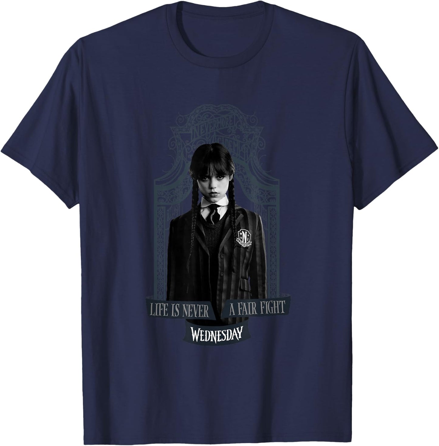 with German Text "Wednesday Das Leben ist niemals ein fairer Kampf" (German Language), black T-Shirt - T-Shirt | Navy