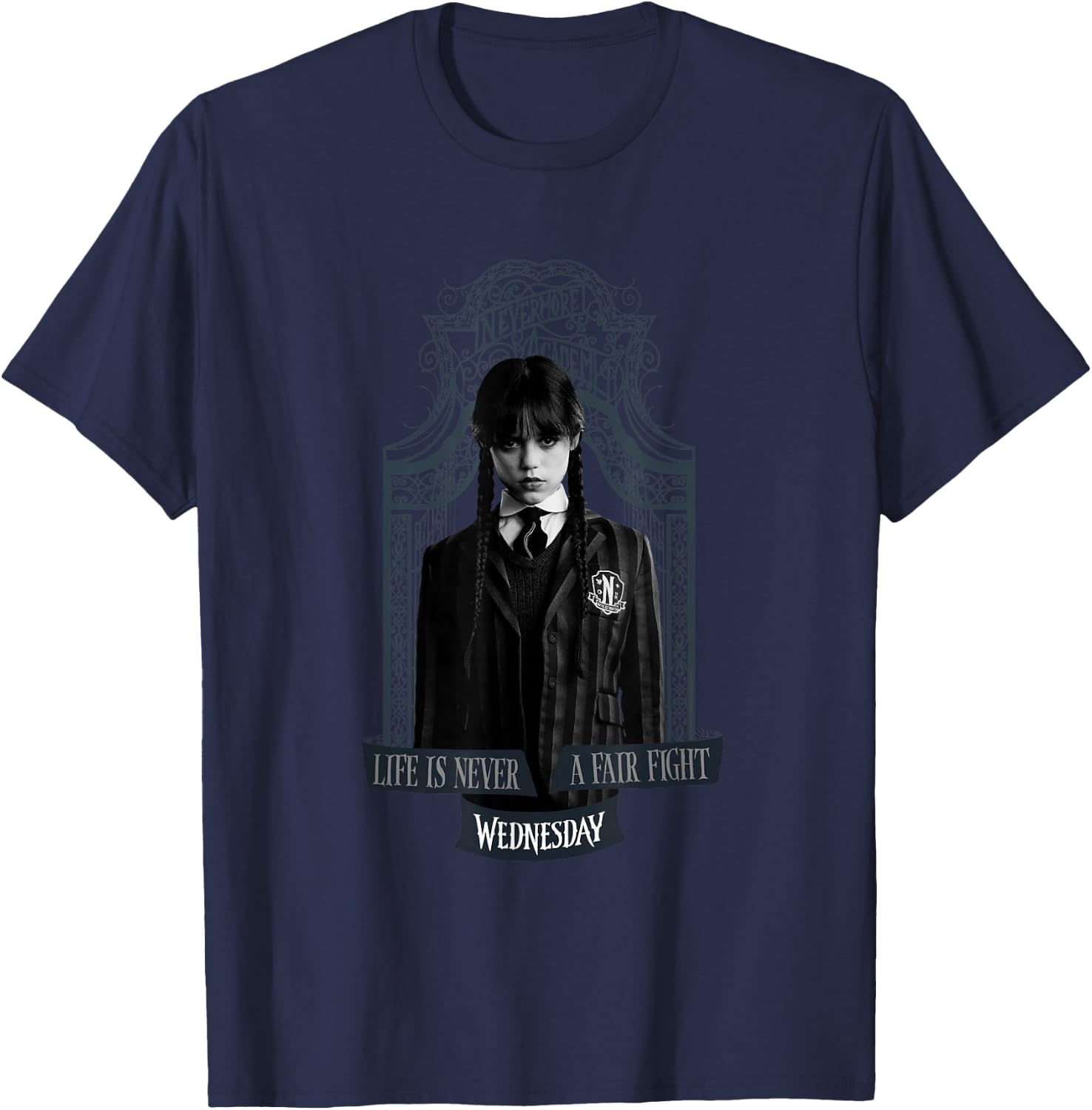 with German Text "Wednesday Das Leben ist niemals ein fairer Kampf" (German Language), black T-Shirt - T-Shirt | Navy