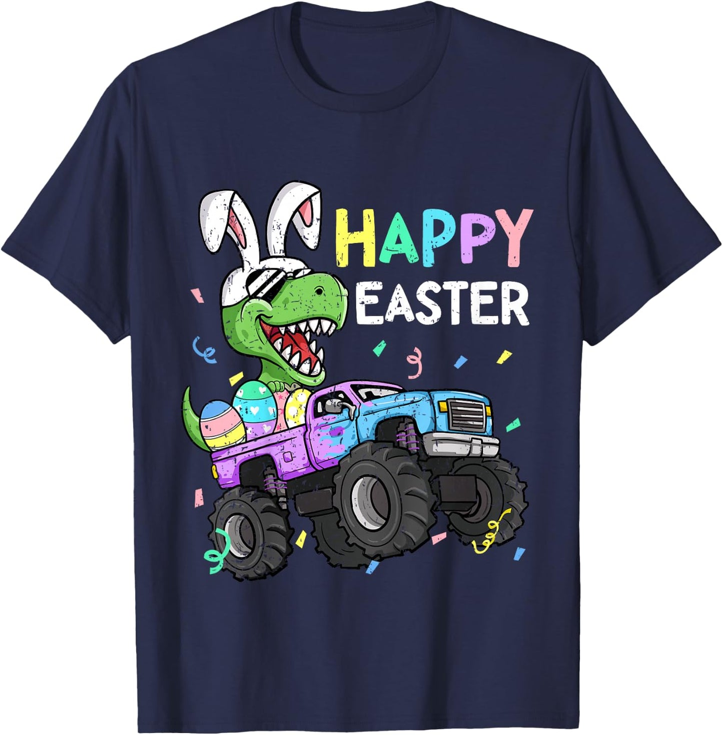 Kids Boys Happy Easter T-Rex Bunny Monster Truck Rabbit Ears T-Shirt - T-Shirt | Navy
