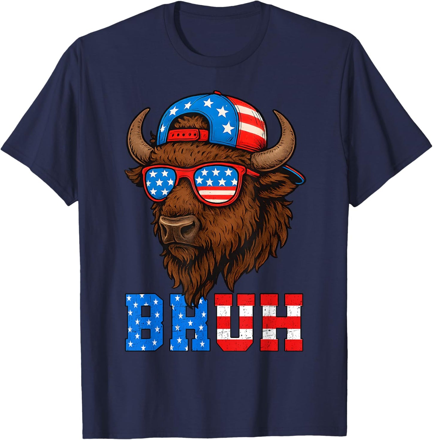Funny Bison Bruh Patriotic 4th Of July Men Boys Kids T-Shirt - T-Shirt | Navy