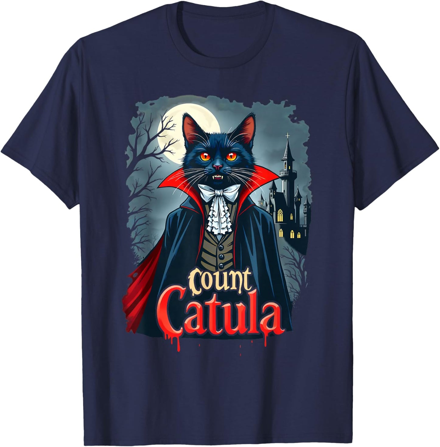 Count Catula Dracula Spooky Horror Vampire Cat Halloween T-Shirt - T-Shirt | Navy