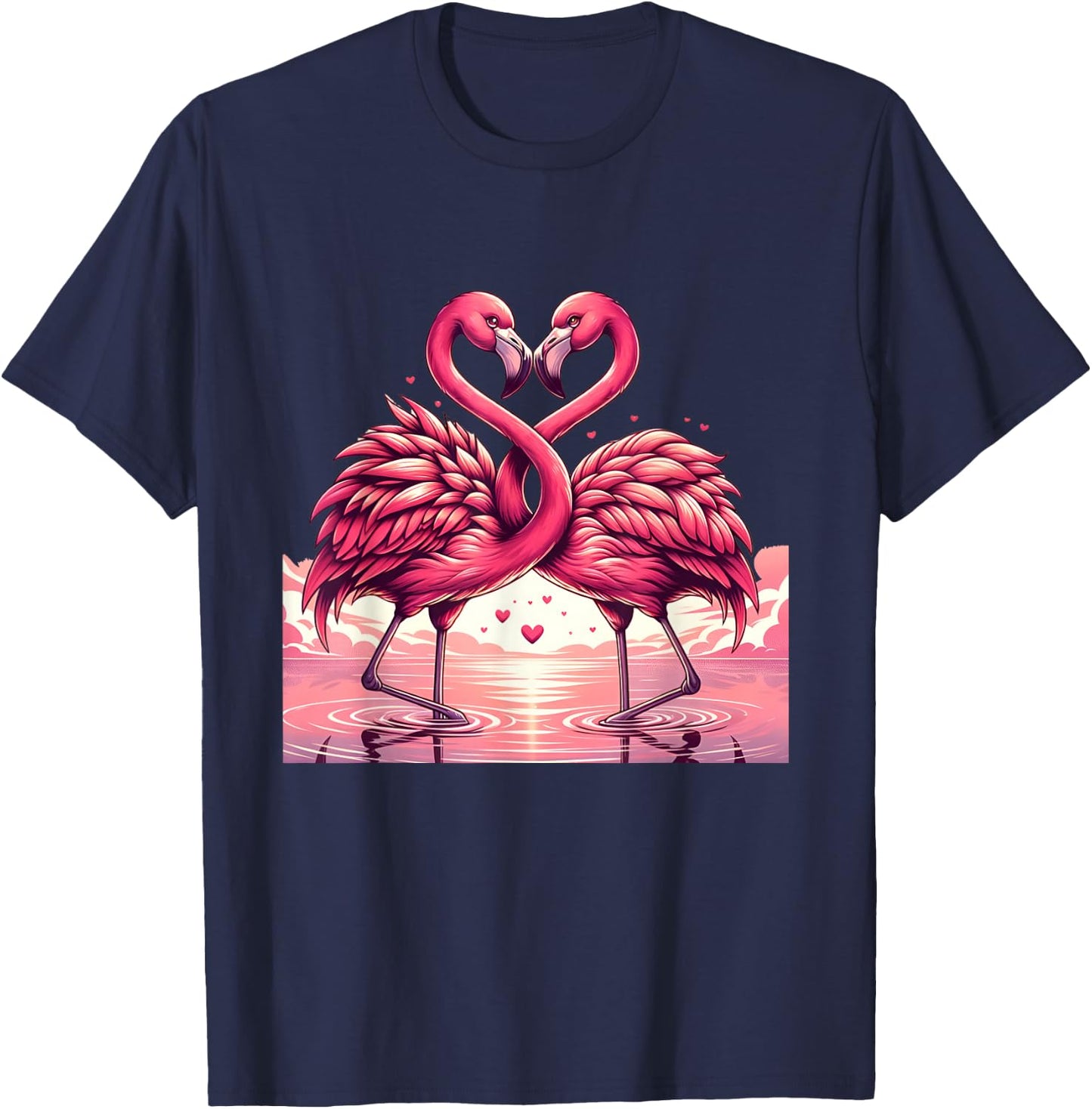 Adorable Flamingo Pair Embrace Valentine Hearts T-Shirt - T-Shirt | Navy
