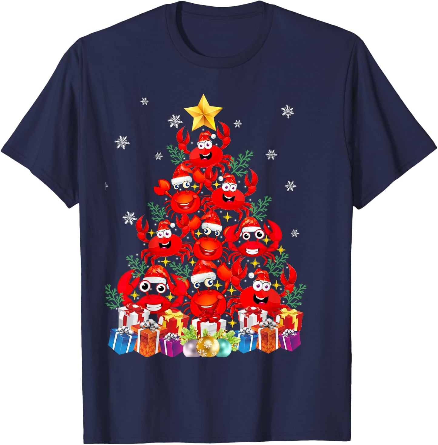 Funny Crab Christmas Tree Lights With Santa Hat T-Shirt - T-Shirt | Navy