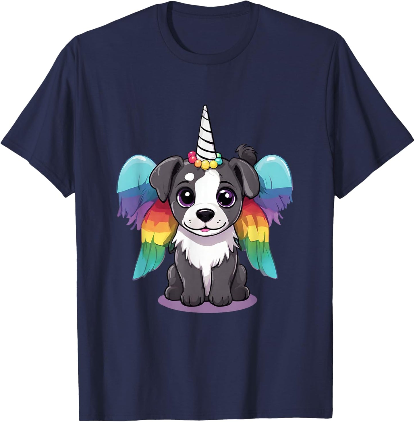 Cute Magical Unicorn Puppy Dog With Rainbow Wings Women Kids T-Shirt - T-Shirt | Navy