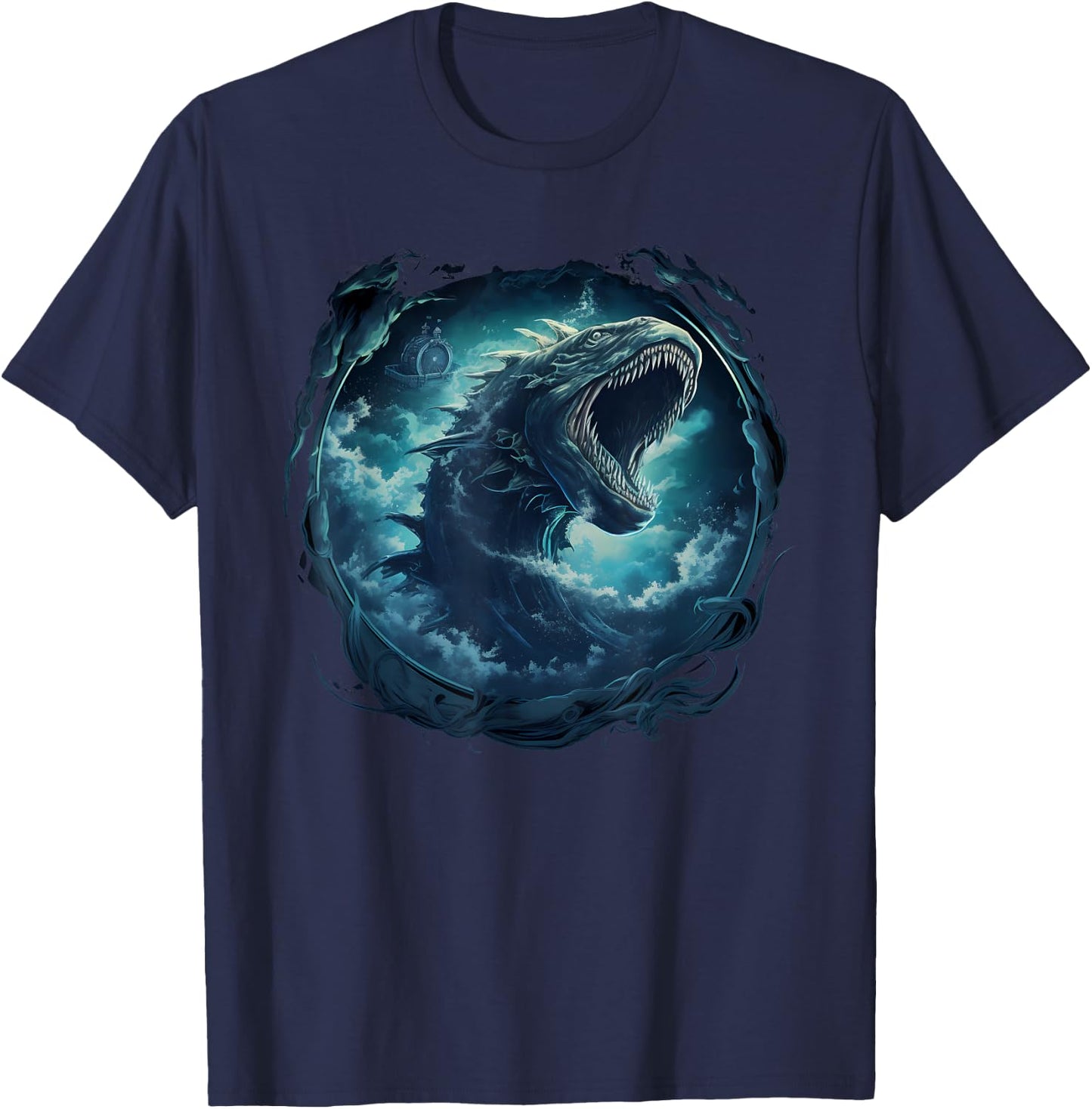 Sea Monster Leviathan Ocean Creature Vintage Art Graphic T-Shirt - T-Shirt | Navy