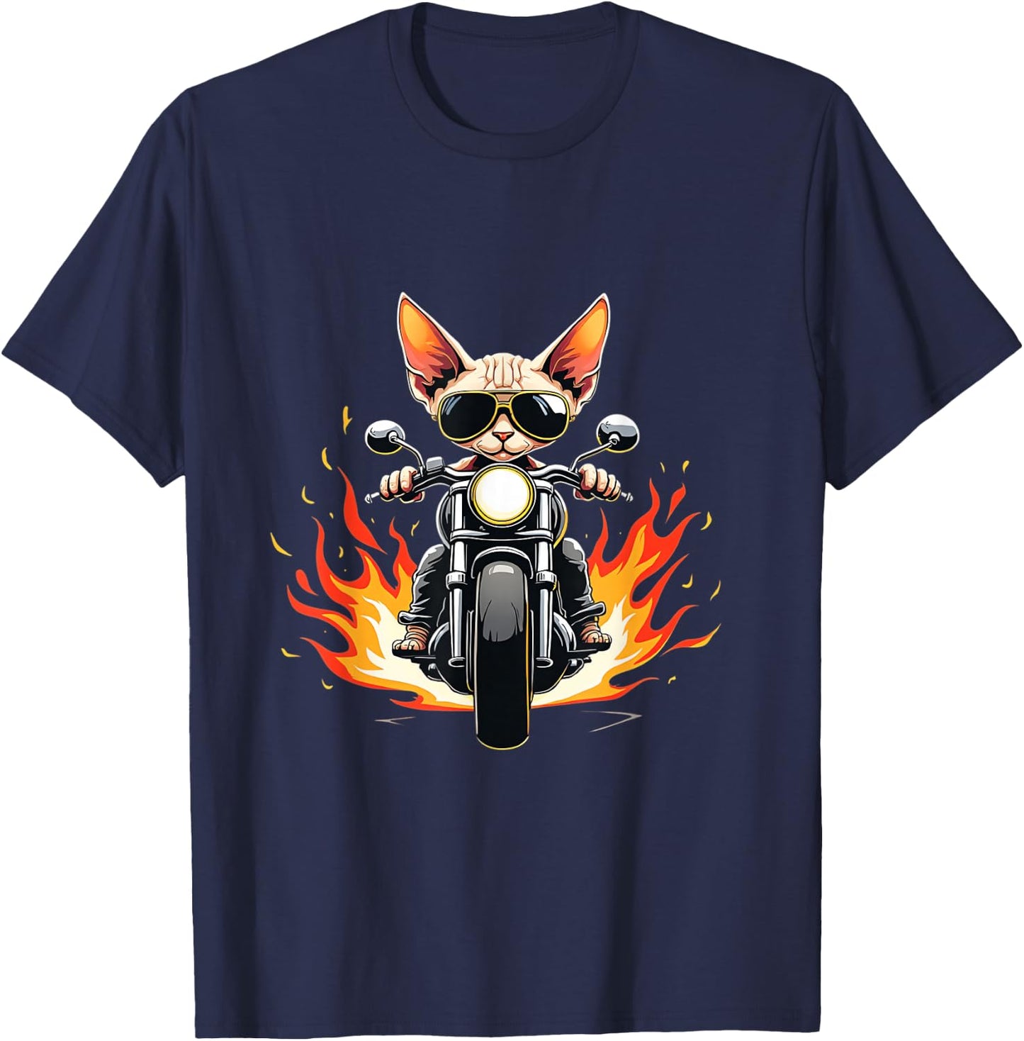 Funny Sphynx Cat Riding a Motorcycle Design Sphynx Cat Lover T-Shirt - T-Shirt | Navy