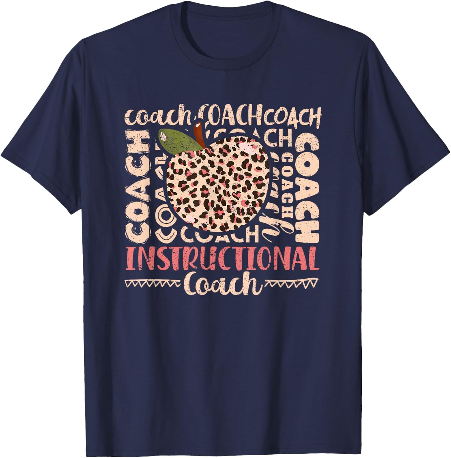 Bleached Leopard Instructional Coach Typography Teacher T-Shirt - T-Shirt | Navy