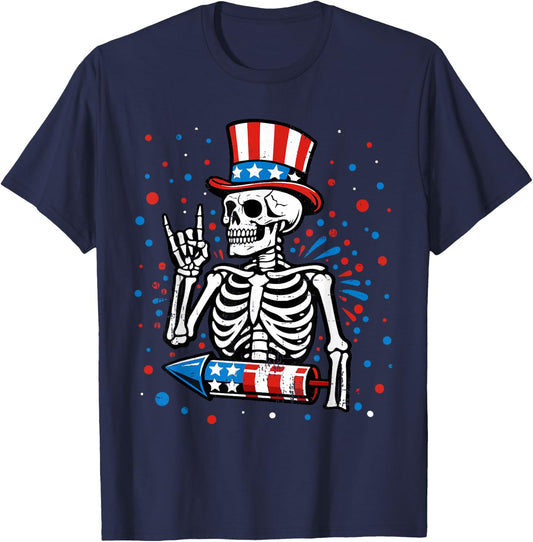 4th of July Skeleton Patriotic Rock USA Flag Men Boys Kids T-Shirt - T-Shirt | Navy