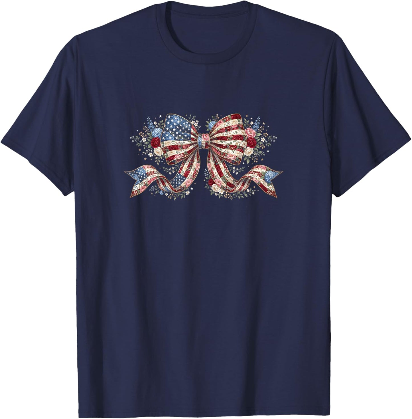 USA Floral Coquette Bow American Flag Flower 4th of July T-Shirt - T-Shirt | Navy
