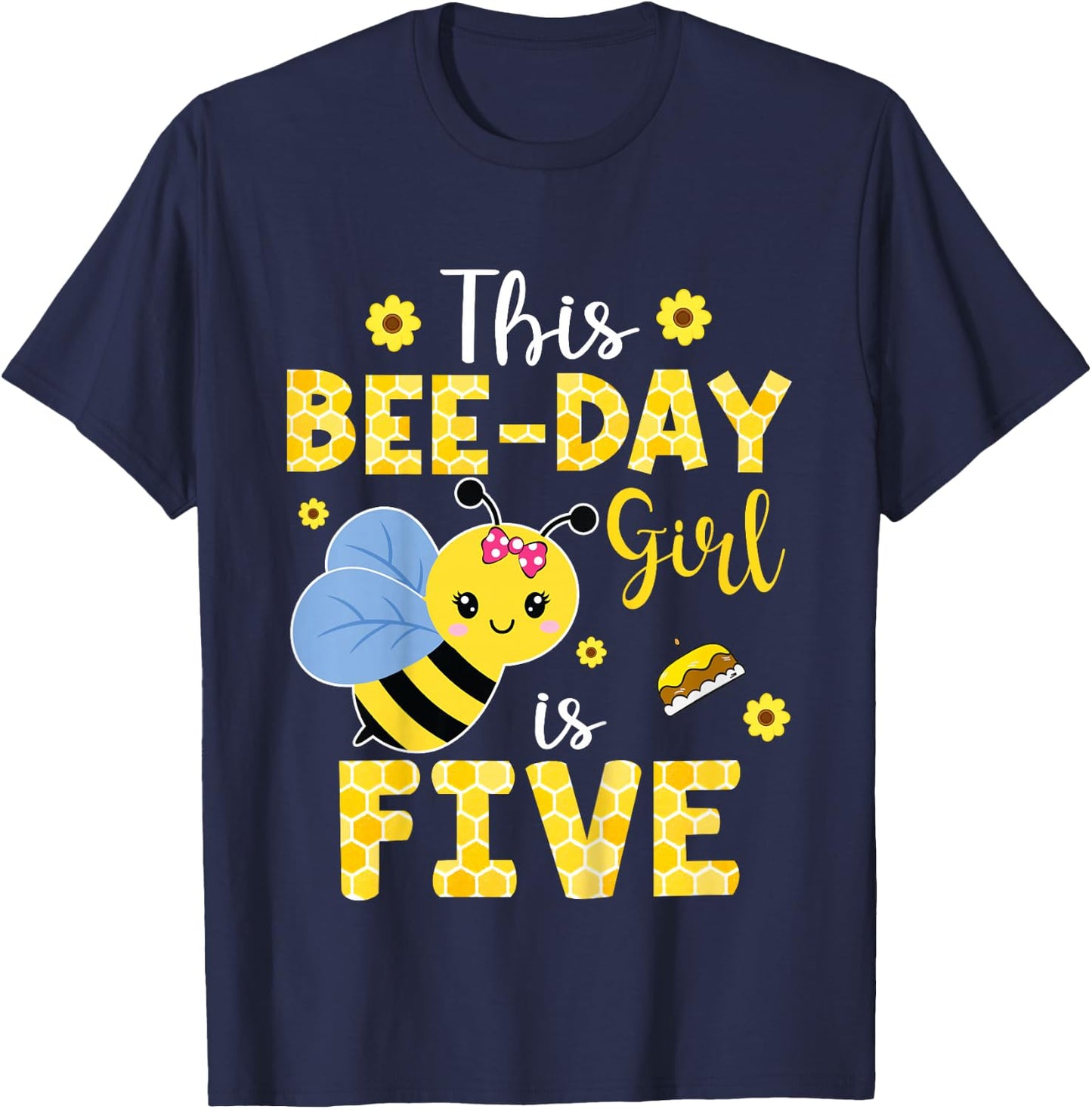 This Bee-Day Girl Is Five 5 Years Old 5th Birthday Kids T-Shirt - T-Shirt | Navy