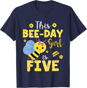 This Bee-Day Girl Is Five 5 Years Old 5th Birthday Kids T-Shirt - T-Shirt | Navy