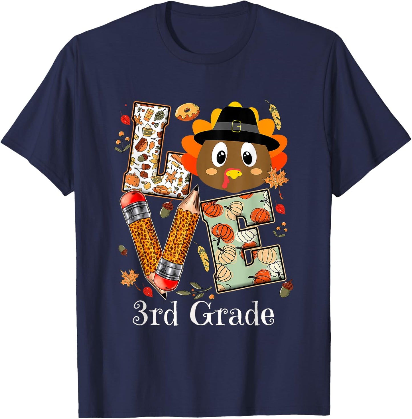 Love 3rd Grade Happy Fall Thanksgiving Women Teacher T-Shirt - T-Shirt | Navy
