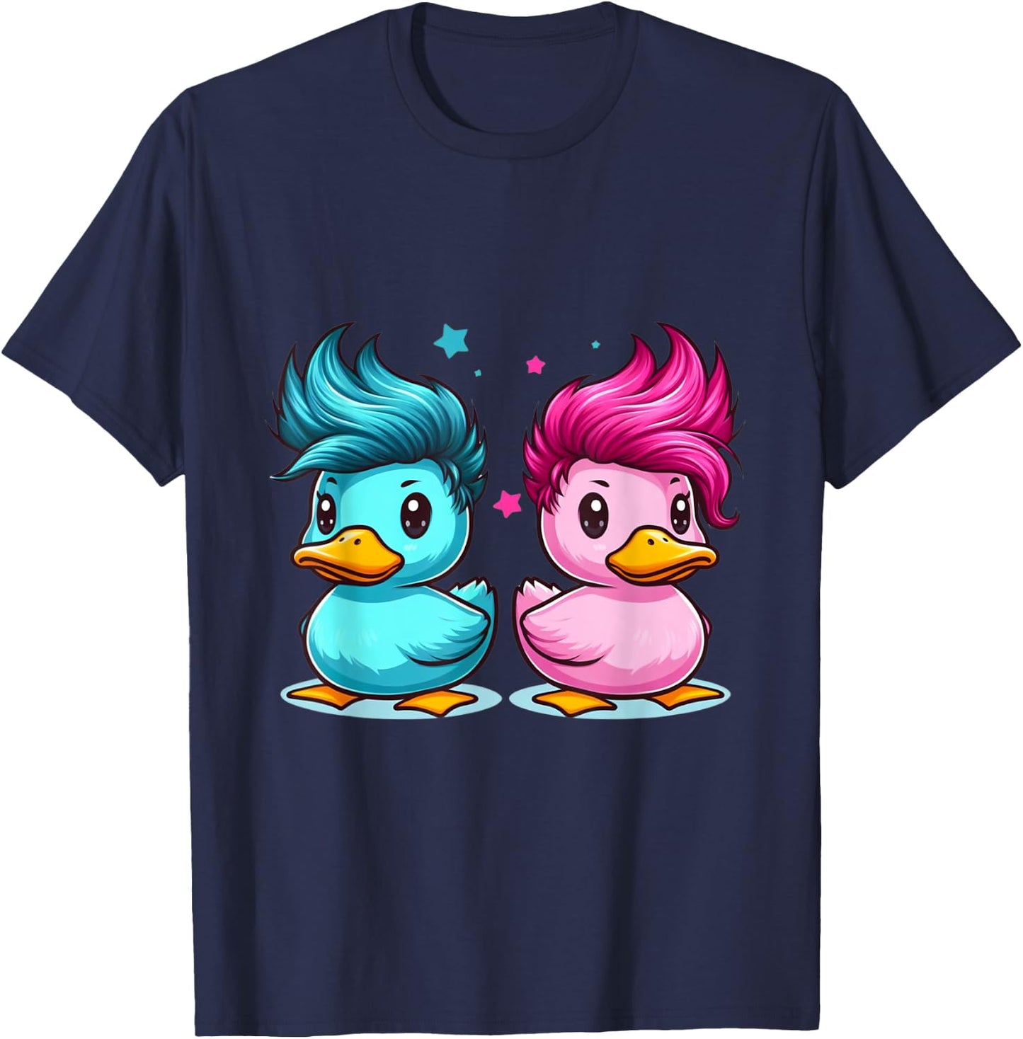 Pink and Blue Ducks with Spunky Hair Cute Style T-Shirt - T-Shirt | Navy