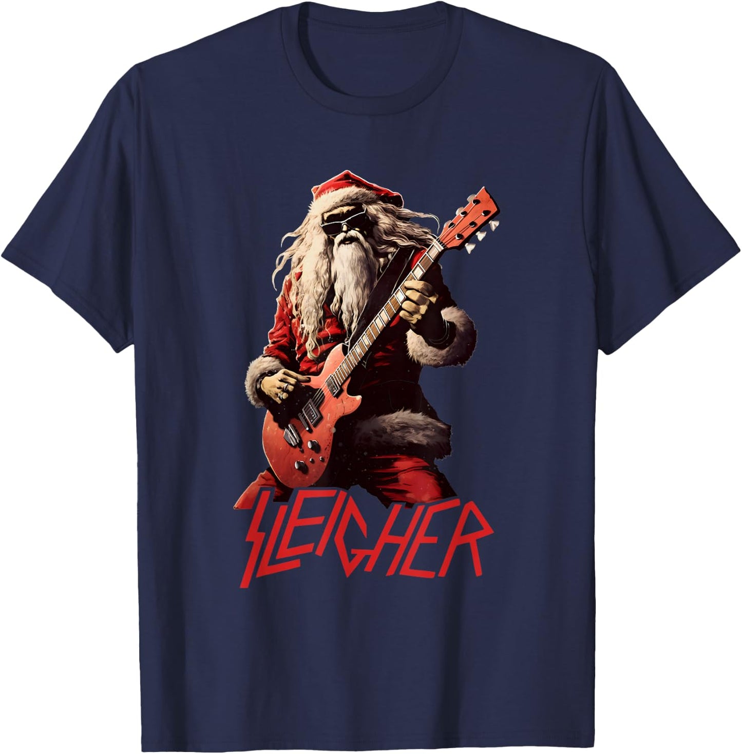 Sleigher Funny Christmas Heavy Metal Music T-Shirt - T-Shirt | Navy